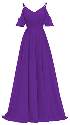 ChongXiao Pleated Ruffle Cold Shoulder Bridesmaid Dresses for Juniors V Neck Chiffon Formal Dresses for Evening Purple 6