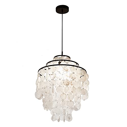 Poserion 3-Light Natural Capiz Shells Round Chandelier Modern Beach Theme Pendant Lamp Ceiling Hanging Fixture For Dining Room Dining Table, Bedroom, Kitchen, Black Painted, D16 X H20 #TOP1