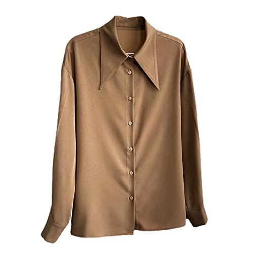 LTHTX Chemise drapée pour femme, couleur unie, col pointu, chemise en mousseline de soie française de printemps Cover