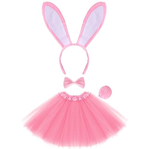 baotongle 4pcs Easter Bunny Costume Set for Women Rabbit Ear Headband Collar Bowtie Cuff Bunny Tail Tutu Skirt for Halloween Cosplay Party(4)