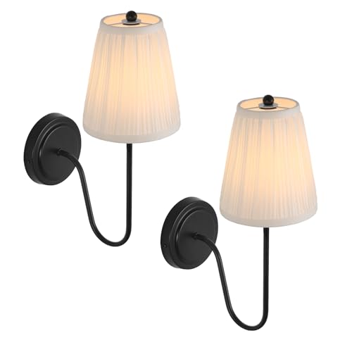Image of Electro bp; Elegant Single Wall Sconces White Pleated Fabric Lamp Shades with Black Curved Metal Arm Silk Cover Wall Lighting,E12,40W,Hardwired(Set of 2);