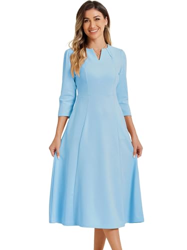 Image of Allegra K Womens 3 /4 Sleeve A-Line Business Work Formal Midi Dress | Elegant Dresses with Pockets, V Neck, Cockatail Party Church Funeral Outfits, Spring Fall Winter