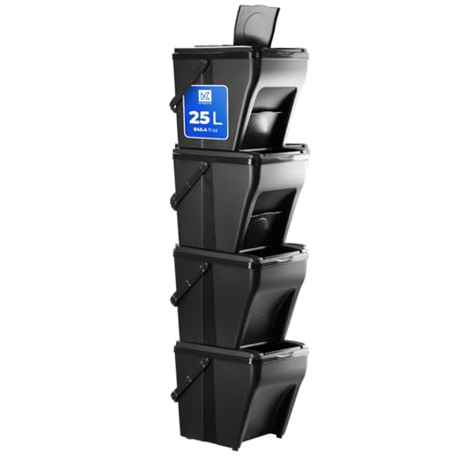 KADAX Recycling Bins, Waste Separation System for Indoor and Outdoor Use, Stackable Containers for Separating Glass, Plastic and Organic Waste (4 x 25L)