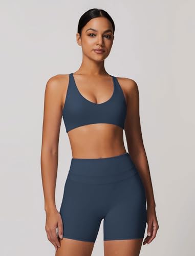 Image of ABOCIW Womens V Neck Twist Back Sports Bra Padded Low Impact Fitness Yoga Bra Workout Crop Top