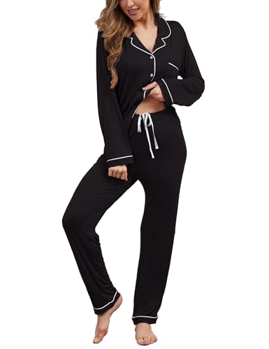 Image of Yoolfine Button Up Pajamas for Women Long Sleeve Sleepwear Soft Loungewear Ladies Pjs Set XS-XXL