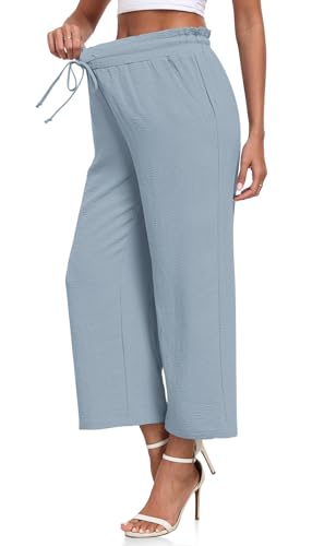 CATHY Womens Casual Wide Leg Pants Drawstring High Waisted Trousers with Pockets3