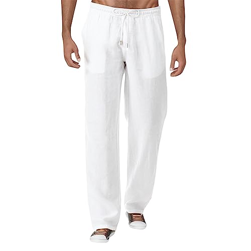 Linen Pants Men,Mens Linen Pants Casual Summer Beach Trousers Lightweight Pants Cotton Long Pants Yoga Trousers, White, Medium