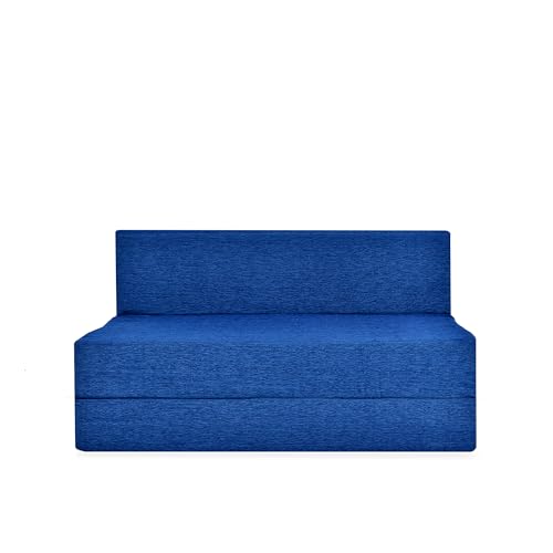 Image of Foldable Two Seater Sofa Bed 4X6 Ft Jute Fabric Washable Cover Convertible Sofa Bed for Home & Office, Guest Room (Finish Color Blue - Pre-Assembled)