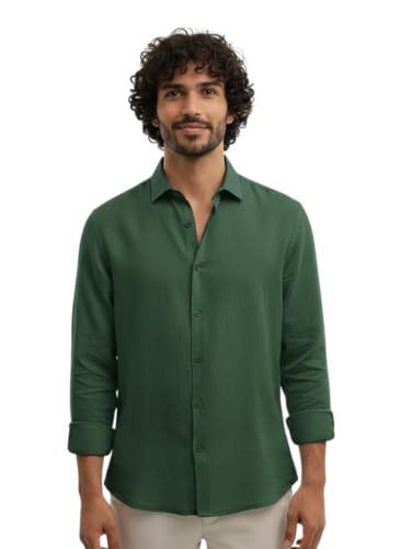 Image of Men's Linen Cotton Shirt | Solid Design | Full Sleeve | Regular Fit | Button Down Collar | Summer Casual & Formal Wear