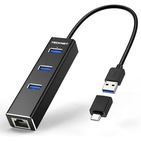 TECKNET USB to Ethernet Adapter, USB C to Ethernet, Aluminum 3 Port USB 3.0 Hub with RJ45 10/100/1000 Gigabit Ethernet Adapter Converter LAN Wired, USB Network Adapter with USB C for Laptop Cover