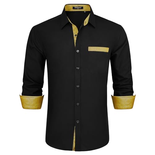 Enlision Chemise Homme Noir Or Mariage Manches Longues Regular Fit Chemises Casual Business Formelle Chemise Contrastée avec Poche L