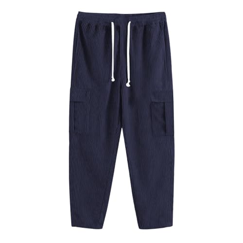 Men Corduroy Pants Casual Comfy High Elastic Men's Pants Cargo Wide Leg with Pockets Drawstring Heavyweight Outdoor Hiking Stretch Loose Fit Trouser Navy M3