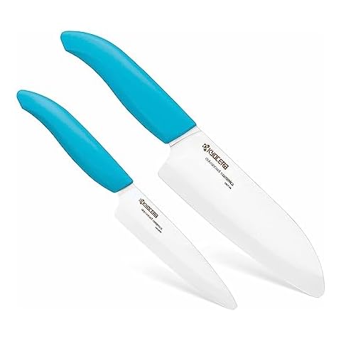 KYOCERA Revolution 2-Piece Ceramic Knife Set: Chef Knife For Your Cooking Needs, 5.5" Santoku and 4.5" Utility Knife, White Blades with Blue Handles, White/Blue Cover