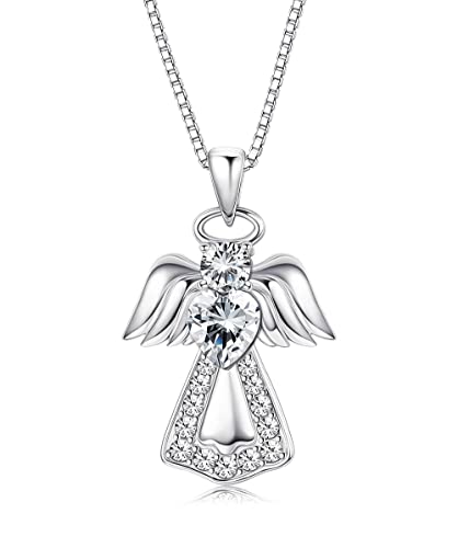 Finrezio Collier en Argent, Pendentif Ange Gardien en Argent Sterling 925 Pour Femme Collier en Argent avec Cristal de Cœur pour Cadeau, Cristaux d'Autriche, Cadeau pour Fille/épouse/Petite Amie