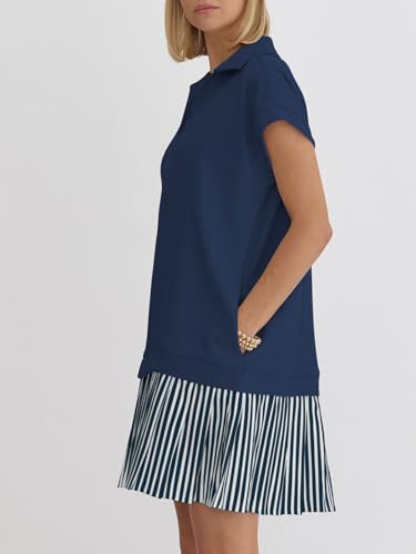 Image of Women's V Neck Short Sleeve Summer Dress Cap Sleeve Casual Loose Fit Pleated Striped Shirt Dress