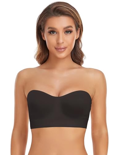 Image of Lusait Strapless Bra for Women Non-Slip Silicone Padded Bandeau Bra Wireless Tube Top Bralette Black+Black XL