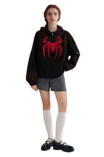 Image of Women's Stylish Graphic Web Pattern Hoodie Jacket with Zip Closure for Casual Wear Bike Riding and Daily Fashion (Size: S) Black