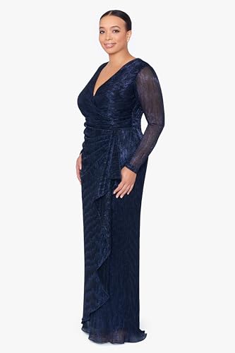 Betsy & Adam Women's Plus Size Sheer Sleeve V-Neck Galaxy Side Ruffle Long Dress2