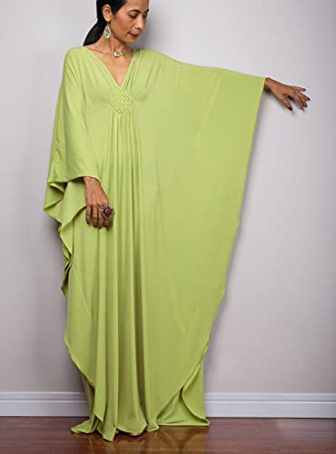 beach cover up vneck Caftan Women's Plus size Caftans solid color silk feeling kaftan dresses loose soft kaftan dresses loungewear light weight side split Beach Maxi Dresses 8702-6 (A-Green) - Image 2