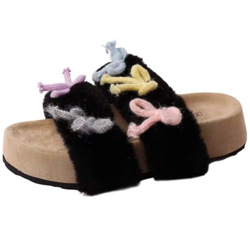 ZQW Plush Fuzzy Bowknot Slippers for Women Y2K Cute Non-slip Lightweight Breathable Soft Slides Winter Indoor Outdoor Shoes