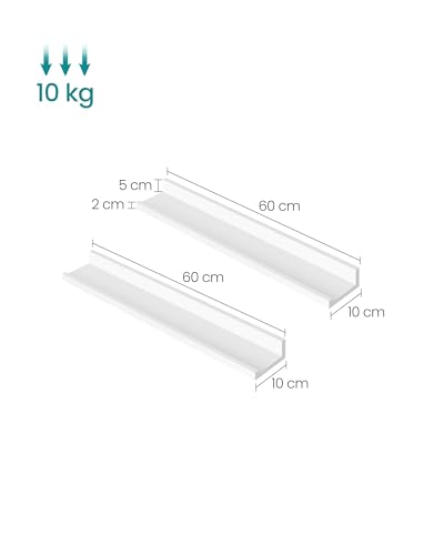 SONGMICS Wandregal, Schweberegal, 2er Set, 10 x 60 cm, Wandboard für Bilderrahmen und Bücher, Bilderregal für Wohnzimmer, Schlafzimmer, Bad, Küche, weiß LWS60WT
