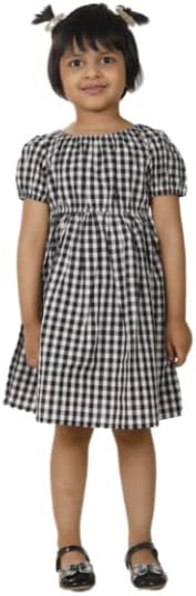 okioBlack and White Checkered Dress with smockings on The Sleeve and Waistline
