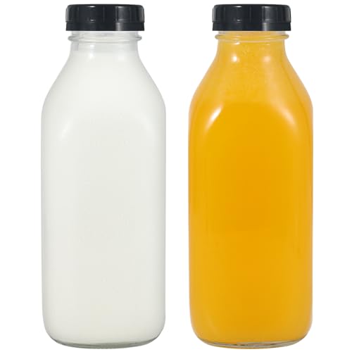 LIMILI 1 Litre Glass Milk Bottles, 2 Pack with Lids