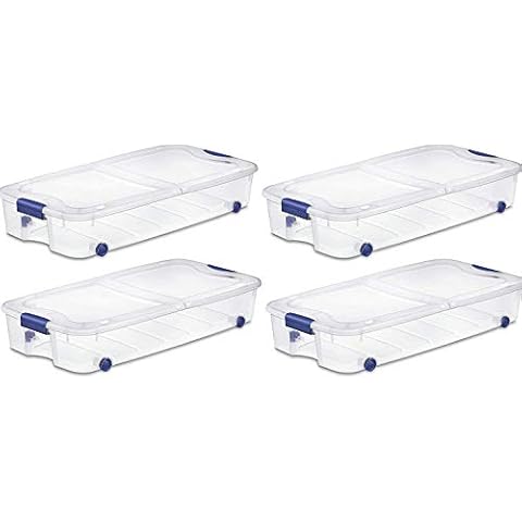 4-Pack Under Bed Plastic Storage Bin Unit Boxes Are Containers For Clothes, Books, Diapers, Shoes, Linen. Office Supplies, Camping, RV, Pantry Foods 66 Quart Capacity Cover