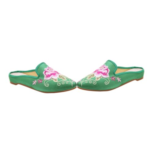 Pantoufles broderie femmes vertes chaussons doux visage mignon