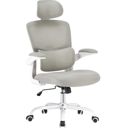 Farini White Office Chair with Flip-Up Armrest, High Back Ergonomic Computer Chair with Adjustable Headrest and Lumbar Support for Home and Office