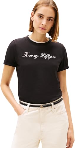 Tommy Hilfiger Camiseta de Manga Corta Mujer Script Regular con Cuello Redondo, Negro (Nos Black), S