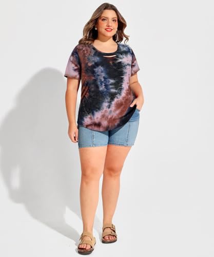 Image of CARCOS Plus Size Tops for Women Short Sleeve Shirts Basic Tee Solid Color Blouse V Neck Tunic Loose Fit Tshirts Summer XL-5XL