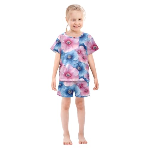 ALAZA Blue Painting Blossom Pajamas Set Short Sleeve Cotton Sleepwear Summer Pjs 2 Piece 5-14Y3