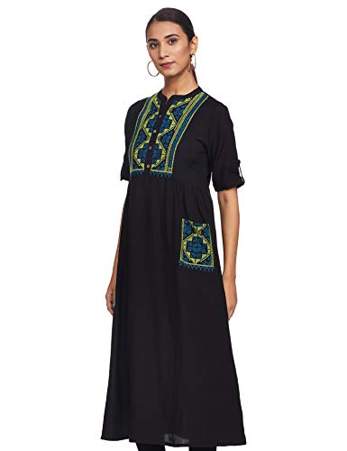 Image of Haute Curry by Shoppers Stop Womens Mandarin Collar Embroidered Kurta