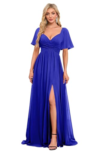Image of Women's Flutter Sleeves Chiffon Bridesmaid Dresses with Slit Long A Line V-Neck Formal Party Dress with Pockets