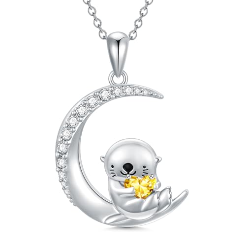 Image of PROESS Animal Birthstone Necklace 925 Sterling Silver Otter /Axolotl /Hippo /Elephant /Dachshund /Monkey /Red Panda Pendant Necklace Animal Birthstone Jewelry Gifts for Women