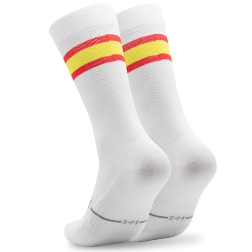 Calcetines Ciclismo Bandera España Hombre y Mujer   Calcetines Running Triatlón Gym Crossfit   Acolchados, Transpirables, Sin Costuras, Compresivos (FR/ES, Letras, L, XL, Regular, Regular, White)