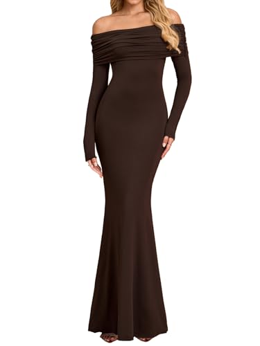 Women's Fall Off The Shoulder Maxi Dress Elegant Long Sleeve Bodycon Formal Wedding Guest Dresses