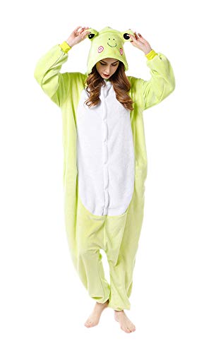 FunnyCos Unisex Animal Onesie Adult Halloween Pajamas Cosplay Costume Hooded Loungewear Light Green Frog S