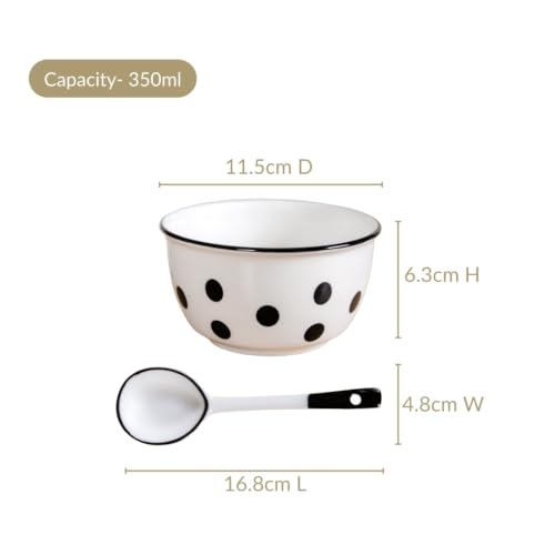 Image of Nestasia Ceramic Soup Bowl with Spoon Set of 4 (400ml Each) - White & Black Polka Dot Printed Microwave & Dishwasher Safe Bowl Set for Serving Soup, Custard, & Dessert - Perfect for Gifting