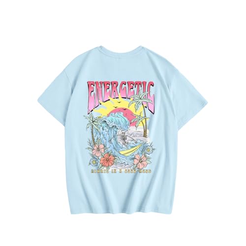 Image of KEEVICI Cute Girls Graphic Tees Beach Kids Hawaiian T Shirt Summer Cotton Letter Print Short Sleeve Shirts Vacation Tops