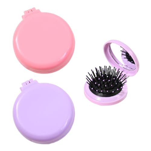 2 Paquetes Cepillos Plegables de Pelo de Viaje con Espejo, Mini Cepillo Portátil para El Pelo, Cepillo de Bolsillo Portátil Redondo, para Mujeres Chicas, Morado+Rosa