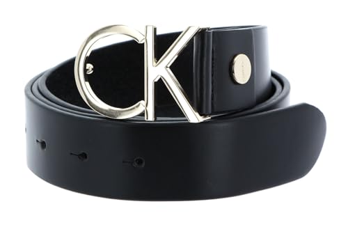 Calvin Klein Cinturón Mujer Ck Logo Belt 3.5 cm Cinturón de piel, Negro (Black Leather/Light Gold Buckle), 90 cm