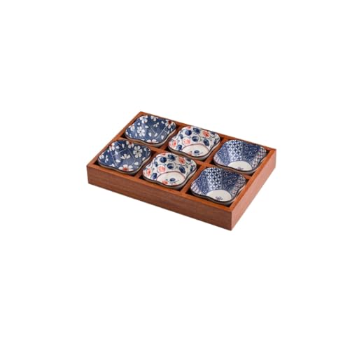 CatMin九?格食器 天然ウバメガシ実木製 分離式多格デザイン 食材不混味 家庭用・ギフト用 寿司・おつまみ・惣菜収納に最適 (ウホノルル六宮格〔8.5 cmセラミックス配合〕)