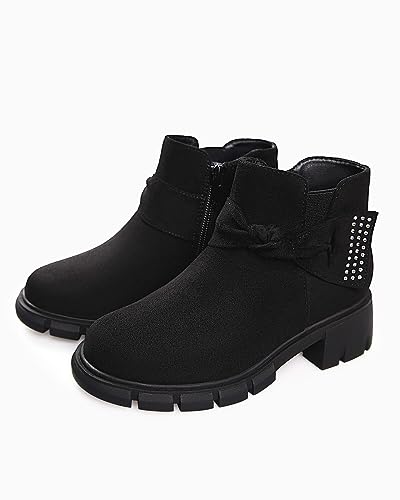 Girls Ankle Boots Suede Round Toe Low Block Heel Bowknot Side Zipper Chelsea Booties, Black, 10 Toddler