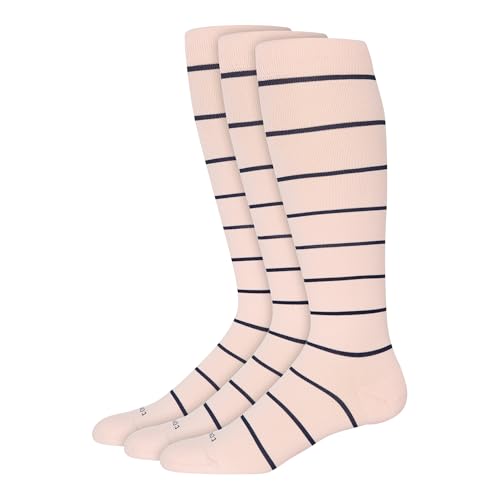 Comrad Nylon Knee High Socks - 15-20mmHg Graduated Compression Socks - Soft & Breathable Support Unisex Socks, Rose/Navy Stripe - 3 Pack, Medium