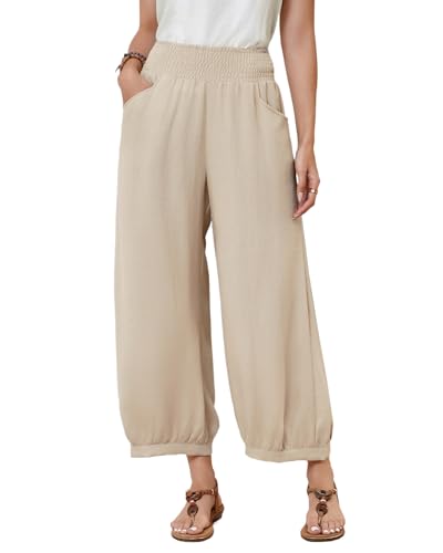 Womens Linen Wide Leg Pants Summer Beach Palazzo Harem Pants Casual Ankle Length Trouser Slacks3