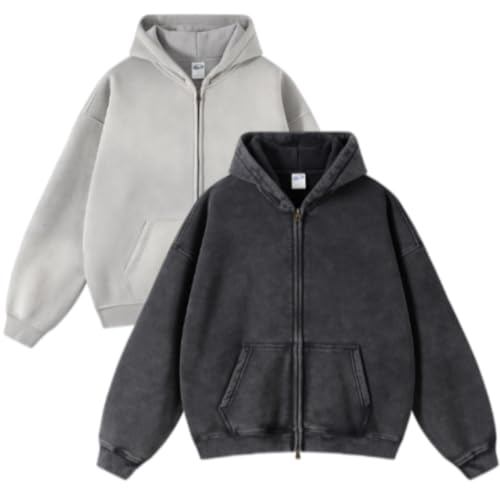 Mens Womens 2 Pcs Zip Up Oversized Hoodie Vintage Acid Wash Heavyweight Fleece Cotton Zipper Hoodies