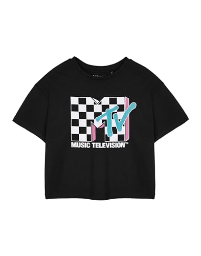 MTV Checkerboard Logo Womens Black Cropped T-Shirt | Ladies Short