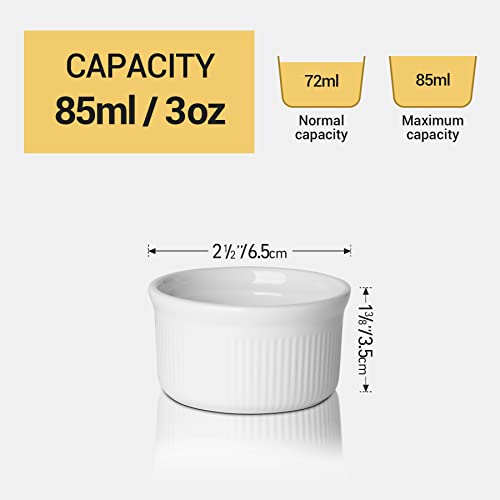 ComSaf 6.5CM White Porcelain Ramekins, 85ML Baking Cups for Souffle, Creme Brulee, Custards, Pudding, Jams, Sauce and Dips - Durable Pack of 6